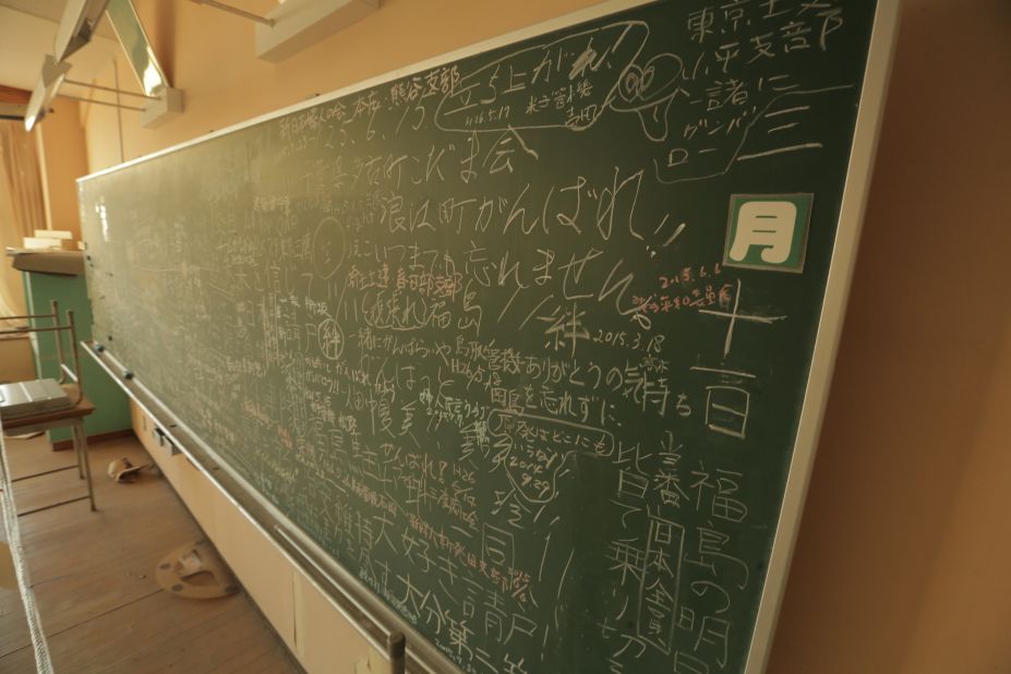 A blackboard covered in messages supporting victims of the 2011 earthquake and tsunami.