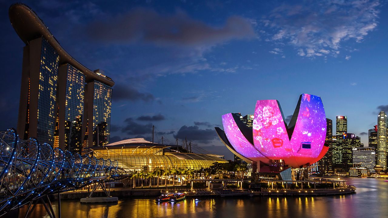 The Singapore skyline is taken over by light installations as part of the city's annual iLight Marina Bay festival. 