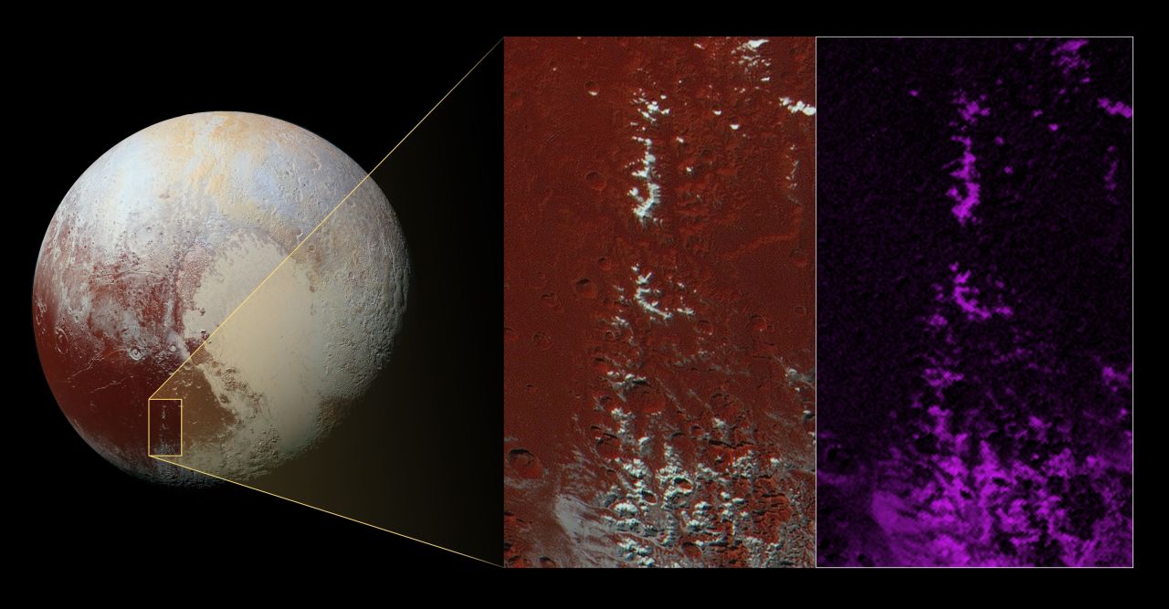 The New Horizons team has discovered a chain of exotic mountains that are covered in methane snow on Pluto. NASA released an image of the snow-capped mountains stretching across the dark expanse of Cthulhu on March 3.
