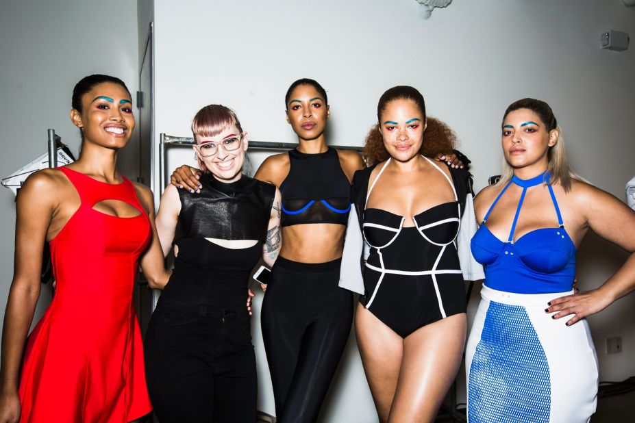 Models pose backstage at New York Fashion Week Spring-Summer 2016 wearing Chromat, thought to be one of the most diverse shows of the season. Although 77.6% of the time models walking down the runway were white, New York was the frontrunner for diverse models, then London, Paris and Milan. 