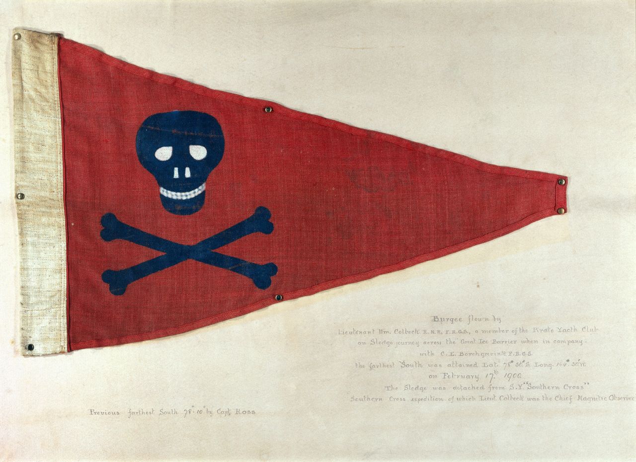 This skull-and-crossbones flag probably appears more fearsome than the reality. Dating back to 1898, it was the official flag of a British recreational sailing group, the Pirate Yacht Club Bridlington.<br />Davey says you wouldn't want to come face-to-face with a real pirate on the high seas in the 17th and 18th century.<br />"Pirates sometimes used black flags illustrated with skulls and skeletons as symbols of mortality, and it seems likely that they adopted this as part of their attempt to strike fear into other ships," he explains.<br />"It has been suggested that by flying a black flag, the pirates were making a clear message to any opponent: It was a sign that if the ship put up a fight, the pirates would not take any prisoners -- even if the ship in question surrendered. <br />"It was threats such as these, communicated through a simple flag, that made pirates such a fearful prospect."<br />