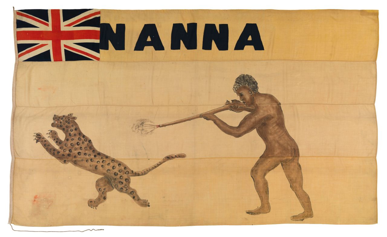 This eye-catching image of a man shooting a leopard dates back to 1894, and is the personal flag of West African Itsekiri chief Nana Olomu. It is one of hundreds of vintage flags housed at the UK's National Maritime Museum.<br />