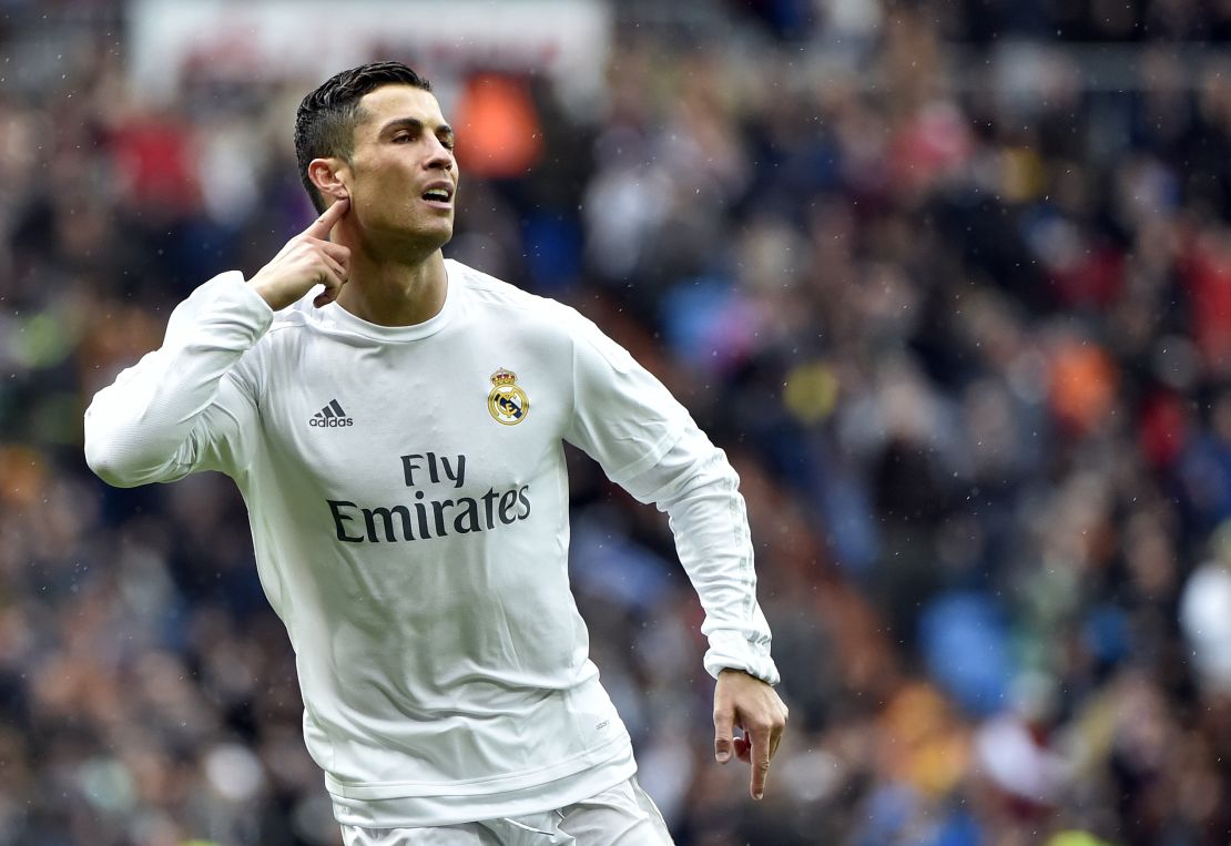Cristiano Ronaldo gestures as he celebrates a goal during the Spanish league football match Real Madrid and Celta Vigo.