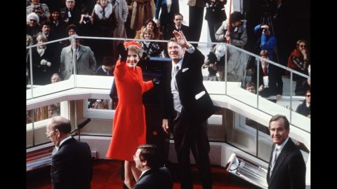 The Reagans wave after President Reagan was sworn in as 40th president of the United States by Chief Justice Warren Burger on January 20, 1981, at the Capitol in Washington. At right is Vice President George H.W. Bush.