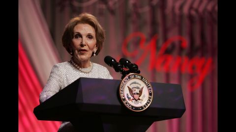 Reagan speaks at the end of the "A Nation Honors Nancy Reagan" dinner on May 11, 2005, in Washington. The event was held to pay tribute to Reagan and celebrate her life and her accomplishments. 