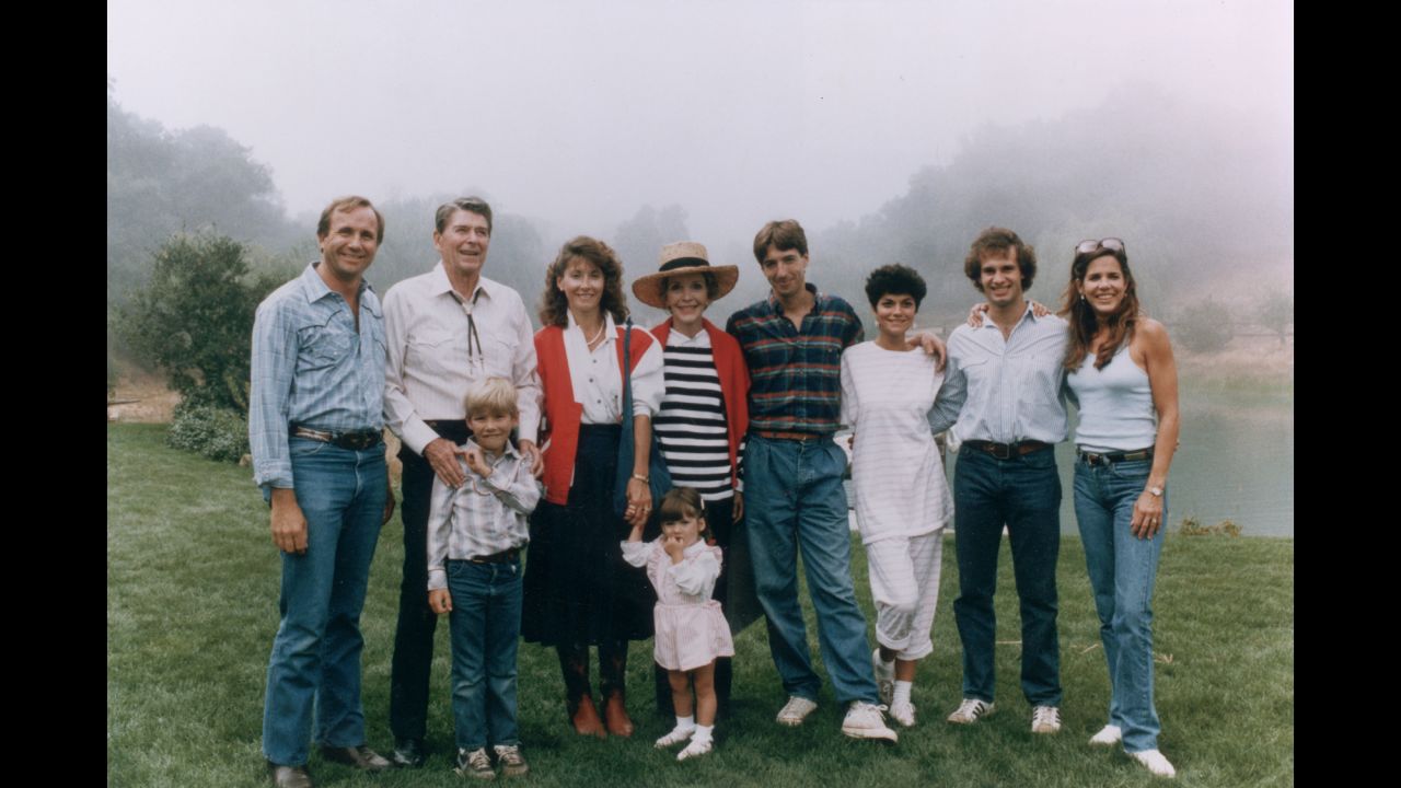 The Reagan family poses outdoors at Nancy's birthday party in  Rancho del Cielo, California, on August 17, 1985. 