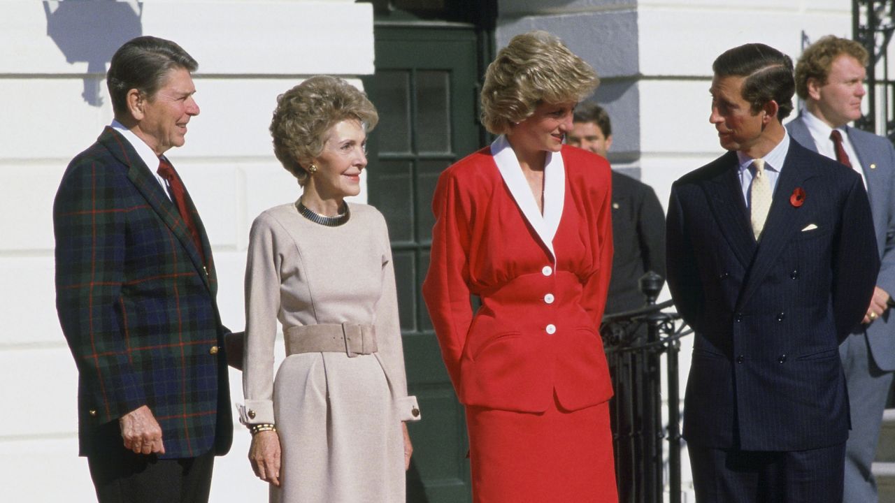 The Reagans meet with Princess Diana and Prince Charles at the White House on November 9, 1985, during the royals' official visit to the United States. 