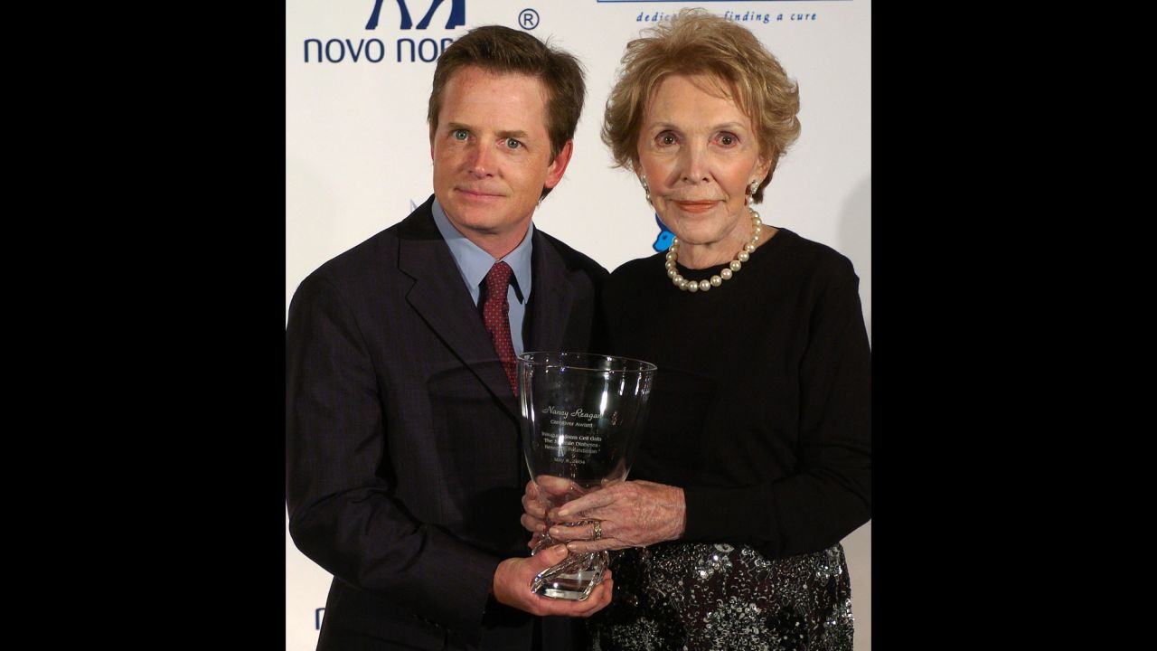 Actor Michael J. Fox poses with Reagan at the Juvenile Diabetes Research Foundation's tribute to Nancy Reagan on May 8, 2004, in Beverly Hills, California. Reagan was honored for her commitment to stem cell research.
