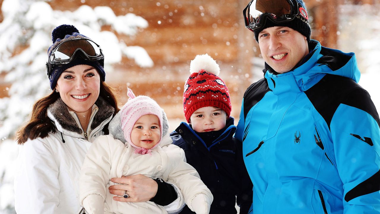 William and Catherine pose with their children during a trip to the French Alps in March 2016.