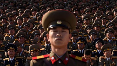 A North Korean soldiers stands before spectators during a mass military parade at Kim Il-Sung square in Pyongyang on October 10, 2015. North Korea was marking the 70th anniversary of its ruling Workers' Party. AFP PHOTO / Ed Jones (Photo credit should read ED JONES/AFP/Getty Images)