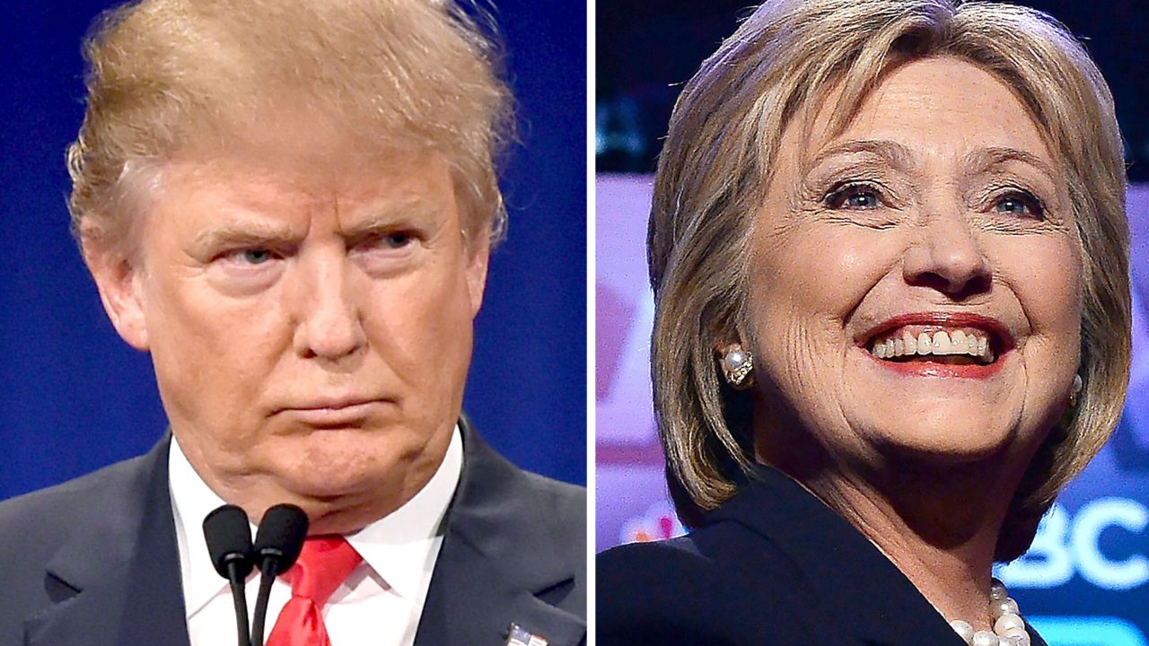 In this combination of file photos shows, Republican presidential hopeful Donald Trump on January 14, 2016 and his Democratic rival Hillary Clinton on February 4, 2016. 
Donald Trump and Hillary Clinton took a big leap toward clinching their parties' nomination for the US presidential election, soundly defeating rivals in a slew of Super Tuesday primaries on March 1, 2016. / AFP / DSKDSK/AFP/Getty Images