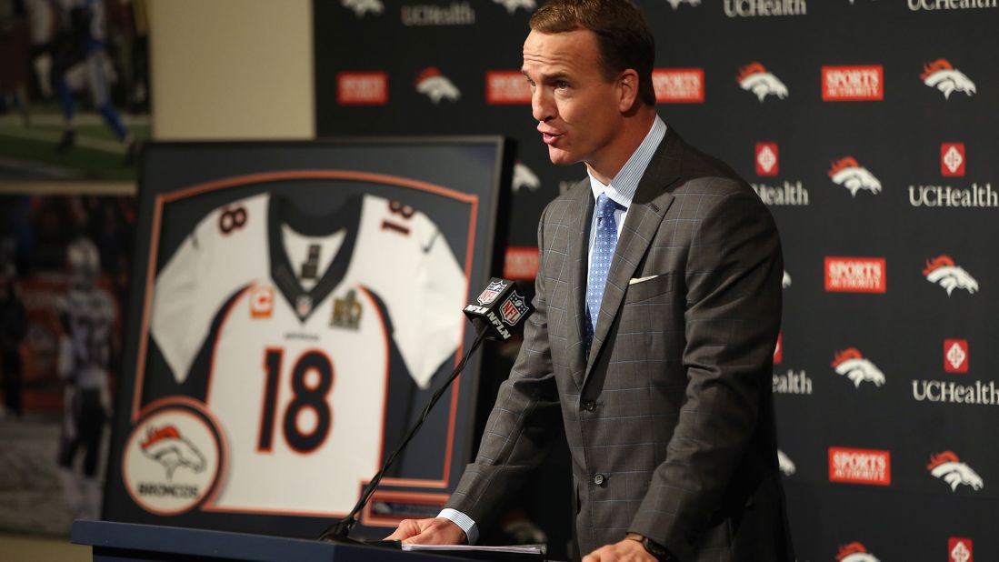 Manning addresses the media as he announces his retirement on Monday, March 7.