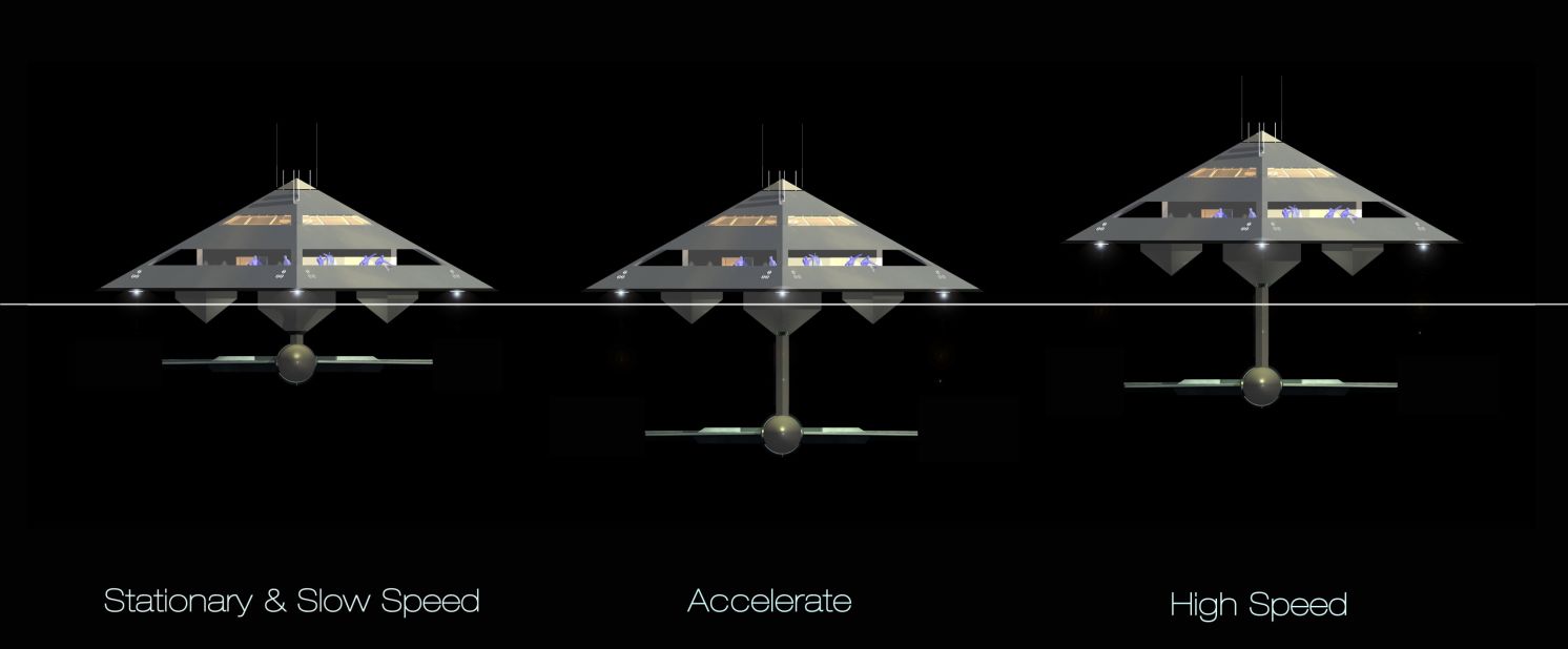 It is made possible by the HYSWAS (hydrofoil small waterplane area ship) hull, which enables the vessel to be lifted out of the water at speed on side-mounted adjustable hydrofoils. When traveling at a lower speed, meanwhile, the Tetrahedron sits gently onto three underbelly hulls.<br /><br />"The result is a futuristic, exciting and totally unconventional flying superyacht which seems to have captured the imagination," Schwinge says.