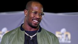 Super Bowl 50 MVP Von Miller #58 of the Denver Broncos addresses the media during the trophy presentation at the Moscone Center West on February 8, 2016 in San Francisco, California.  