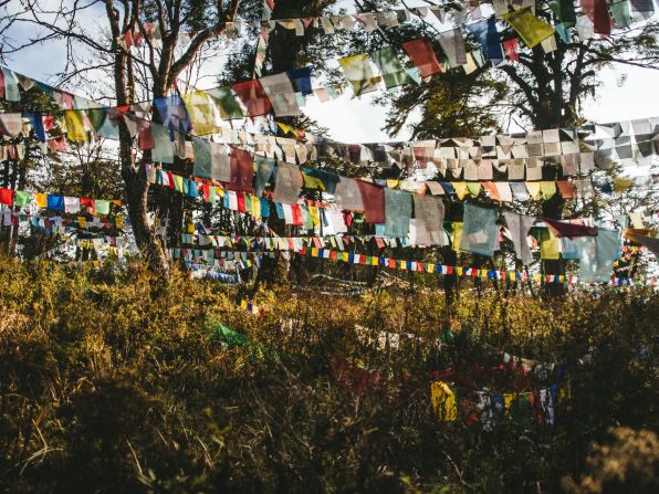Prayer flags like these on top of a grassy hill in Dochula Pass carry prayers for the alleviation of the suffering of all sentient beings.
