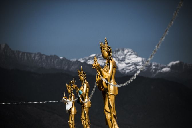 Backed by snow-capped mountains, gold-painted Dakinis -- the angels of the Buddhist world -- perch high above the capital. Himalayan snowmelt and monsoon rains power Bhutan, which is among the world's leading countries in clean energy.