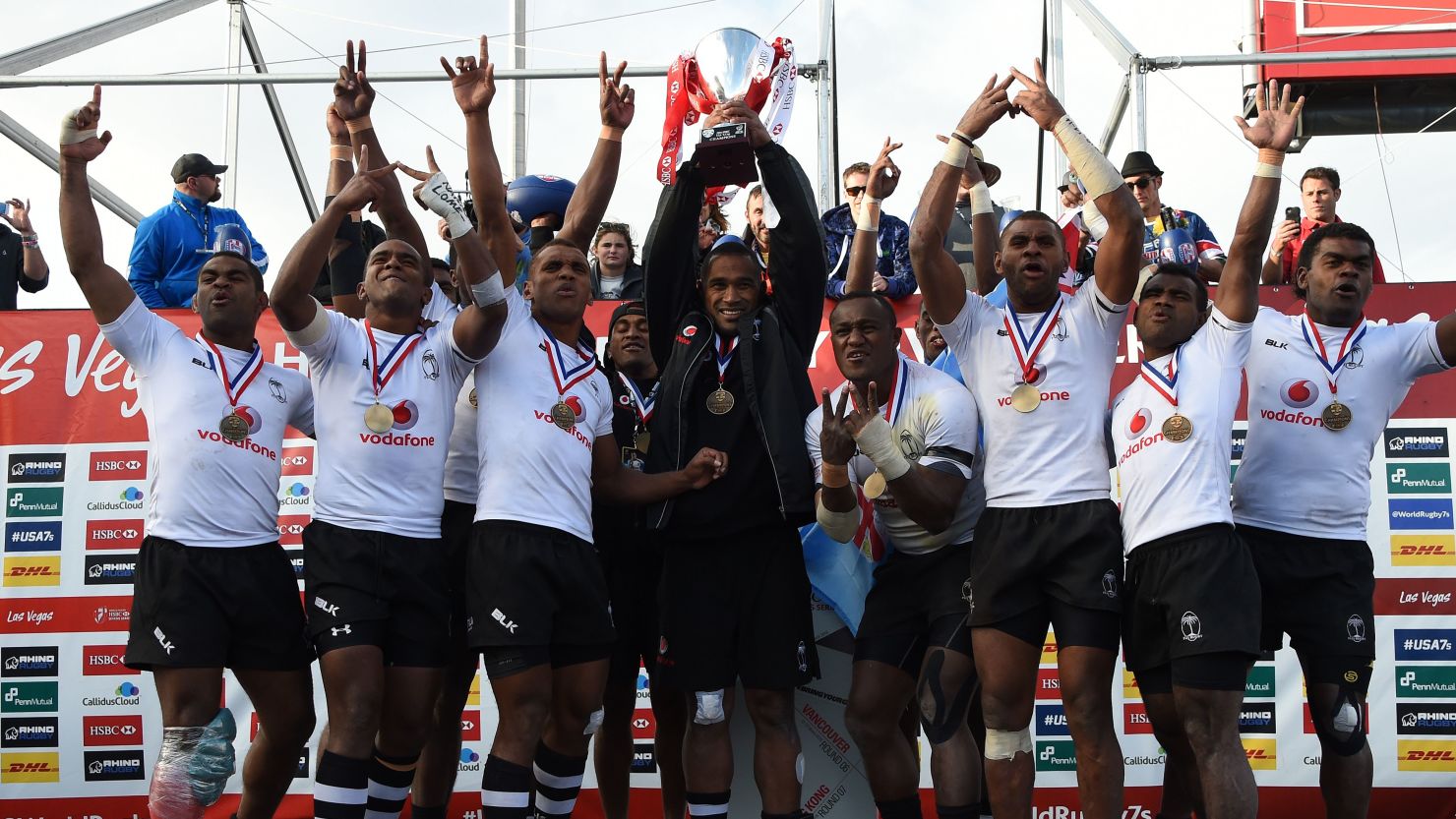 Members of the Fiji team celebrate their 21-15 over Australia in the final of the Las Vegas leg of the 2015-16 World Sevens Series