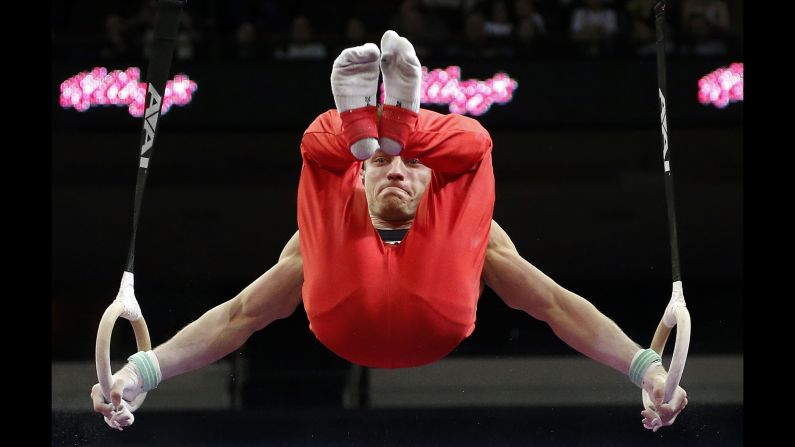 German gymnast Andreas Bretschneider competes on the rings Saturday, March 5, during the American Cup competition in Newark, New Jersey.