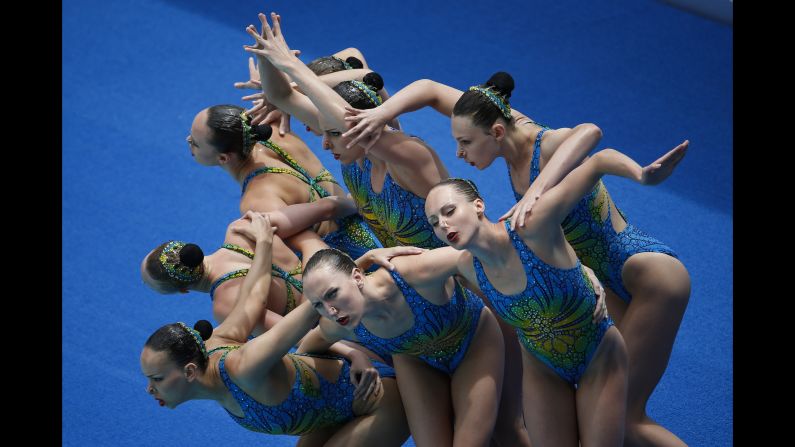 Canada's synchronized swimming team performs its technical routine on Saturday, March 5, as it tries to qualify for this summer's Olympics in Rio de Janeiro.