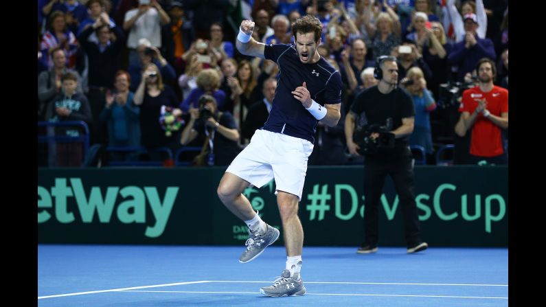 Andy Murray pumps his fist after he defeated Kei Nishikori to clinch a Davis Cup victory for Great Britain on Sunday, March 6.
