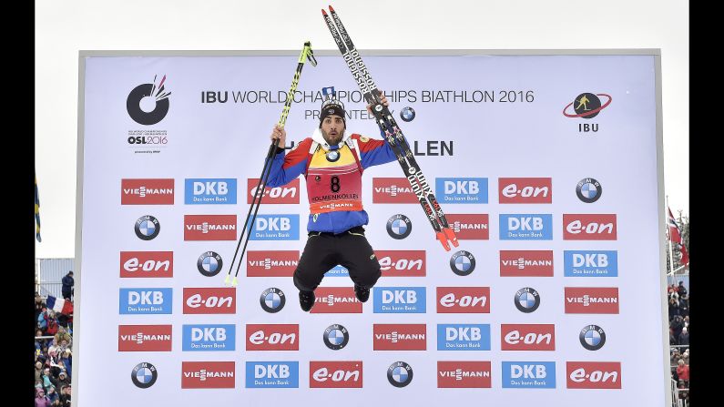 French biathlete Martin Fourcade celebrates after winning the sprint race at the Biathlon World Championships on Saturday, March 5. Fourcade has won nine world titles and two Olympic golds in his prestigious career.