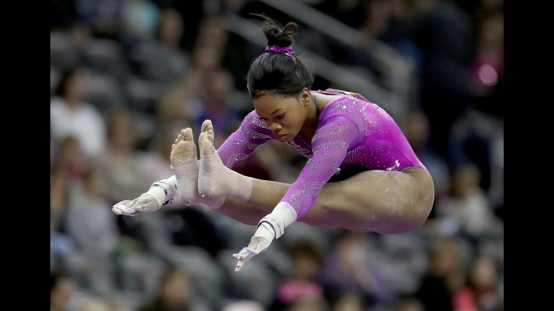 American gymnast Gabby Douglas, the 2012 Olympic champion, competes on the uneven bars during the American Cup on Saturday, March 5. She finished first in the all-around competition.