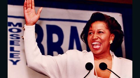 CHICAGO, IL - NOVEMBER 3: US Senator-elect Carol Moseley Braun declares her victory as the first African-American woman elected to the US Senate 03 November 1992 in Chicago. (BRIAN BAHR/AFP/Getty Images)
