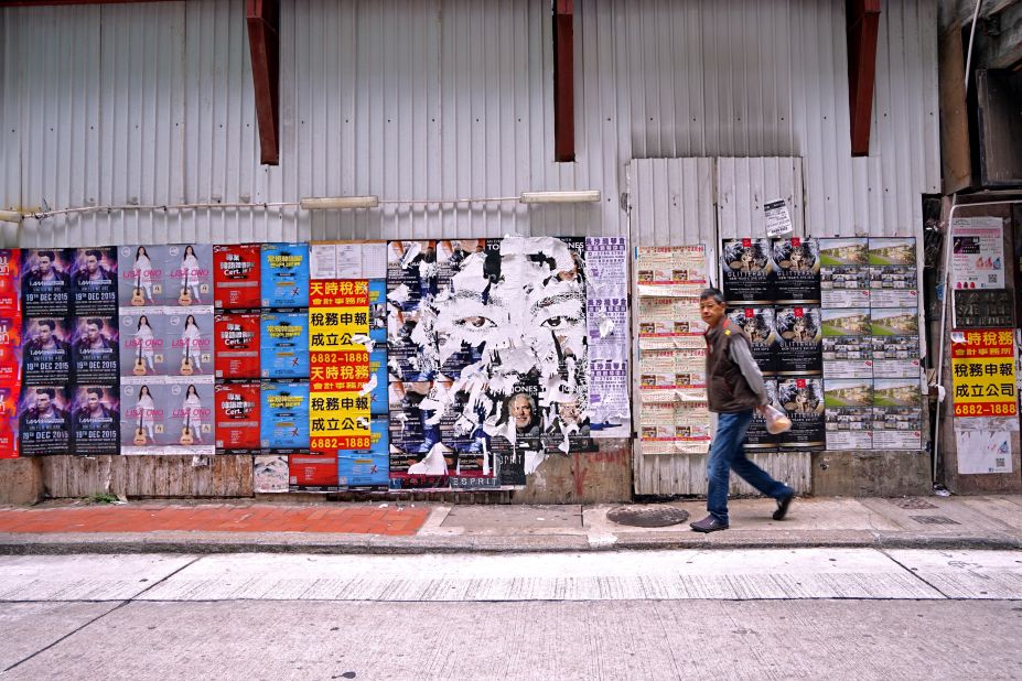 The cacophony of advertisements plastered across Hong Kong was rich fodder for the artist. This is one of his works created last year on Hillier Street, Sheung Wan, a neighborhood close to the Central business district. It's since been plastered over. Alongside his works on the streets, Vhils' art appears at auction. This month, his works are part of a private sale at Sotheby's Hong Kong Gallery. 