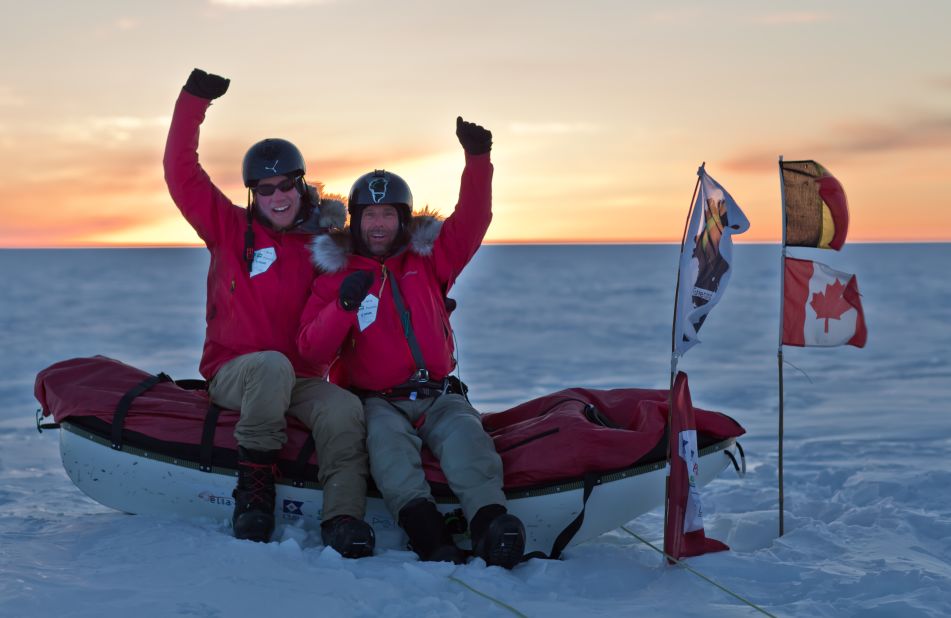 Dixie Dansercoer and Eric McNair-Landry accomplished this feat in 2014. Their 4,045-kilometer trip was kite-supported, and passed both the world's largest island and second largest ice body.
