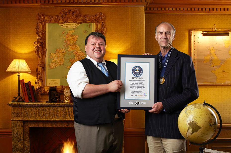 Sir Ranulph Fiennes (right, with Guinness World Records' Craig Glenday) and Charles Burton completed the first surface navigation via both geographical poles. They completed their trip in August 1982.