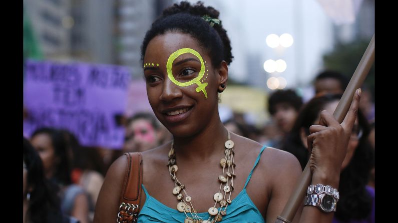 An activist attends a demonstration to mark International Women's Day on March 8 in Sao Paulo, Brazil.