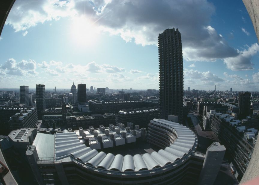 The Barbican Estate, London, circa 1985. Built on a site destroyed by German bombs in World War II, today it is a mixture of residential accommodation (including Lauderdale Tower, pictured), offices and a hub for the performing arts. 