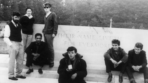 L-R: Manager Allan Williams, his wife Beryl, Williams' business partner singer Lord Woodbine, Stuart Sutcliffe, Paul McCartney, George Harrison and Pete Best.