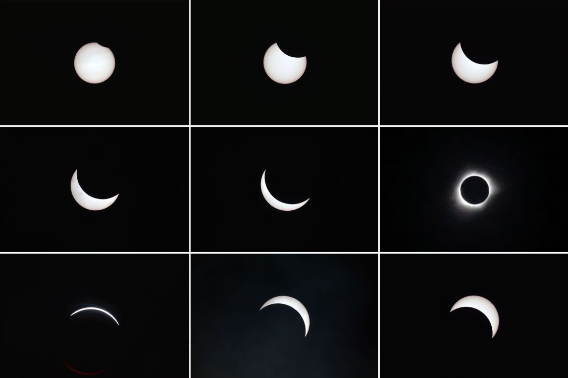 A composition of the moon passing in front of the sun during a total solar eclipse in the city of Ternate, in Indonesia's Maluku Islands, on March 9, 2016.