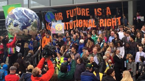 Activists rally outside the courthouse in Eugene, Oregon, for the climate kids.