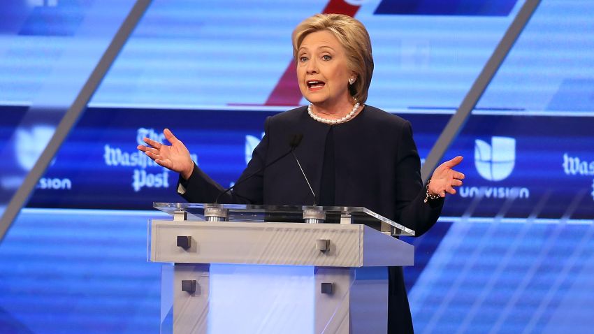 Hillary Clinton speaks during the Univision News and Washington Post Democratic Presidential Primary Debate at the Miami Dade College's Kendall Campus on March 9, 2016, in Miami.