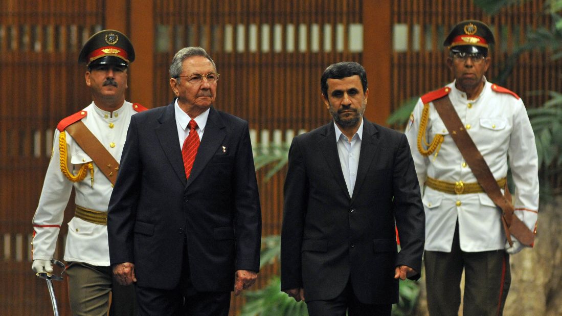 Cuba has hosted multiple visits by Iranian heads of state. Here, Cuban President Raul Castro, left, attends a welcoming ceremony with Iranian President Mahmoud Ahmadinejad in 2012. During his trip, Ahmadinejad called on developing countries to unite against "imperialism and capitalism."