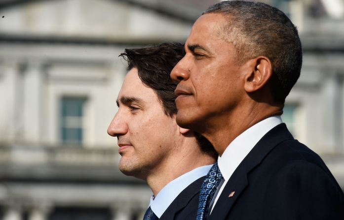 The two leaders listen to the Canadian national anthem during a ceremony on the South Lawn of the White House on March 10. Obama and Trudeau are clearly friendly in each other's company, making small talk amid the grandeur of the official state welcome.