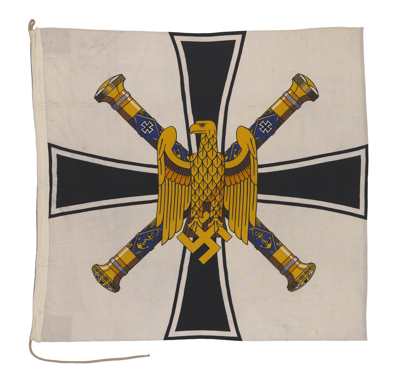 This nautical flag from Nazi-era Germany features two crossed admiral's batons, and an eagle holding the swastika. 