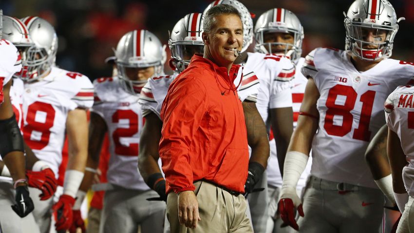 PISCATAWAY, NJ - OCTOBER 24: Head coach Urban Meyer of the Ohio State Buckeyes during warmups before a game against the Rutgers Scarlet Knights at High Point Solutions Stadium on October 24, 2015 in Piscataway, New Jersey. (Photo by Rich Schultz /Getty Images)