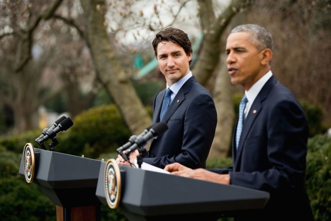 Trudeau listens as Obama speaks during a bilateral news conference in the Rose Garden of the White House on March 10. "No two nations agree on everything," Obama said. "Our countries are no different, but in terms of our interests and values and how we approach the world, few countries match up the way the United States and Canada do."