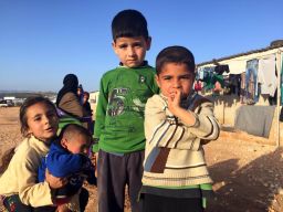Displaced Syrian children living in a camp near the Turkish border.
