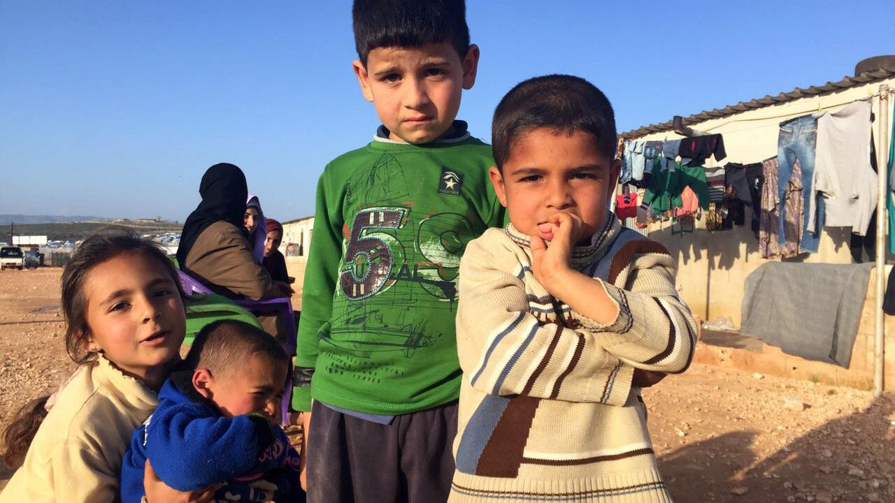 Displaced Syrian children living in a camp near the Turkish border.