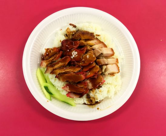 Crispy char siu (barbecued pork) and rice is served at Singapore Airport Terminal 1 for $2.