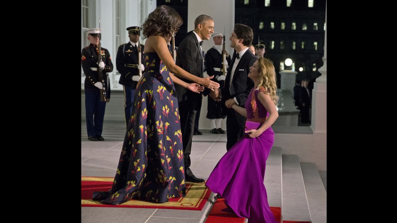 President Obama and first lady Michelle Obama greet Prime Minister Trudeau and his wife, Sophie Gregoire Trudeau, at the North Portico of the White House for the state dinner on March 10.