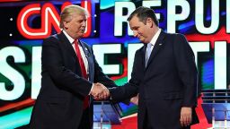 Republican presidential candidates Donald Trump and Sen. Ted Cruz (R-TX) shakes hands on stage as they arrive for the CNN, Salem Media Group, The Washington Times Republican Presidential Primary Debate on the campus of the University of Miami on March 10, 2016 in Coral Gables, Florida. 