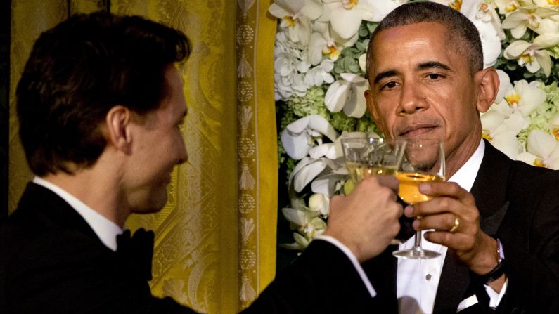 President Barack Obama toasts Canadian Prime Minister Justin Trudeau during a state dinner at the White House on Thursday, March 10.
