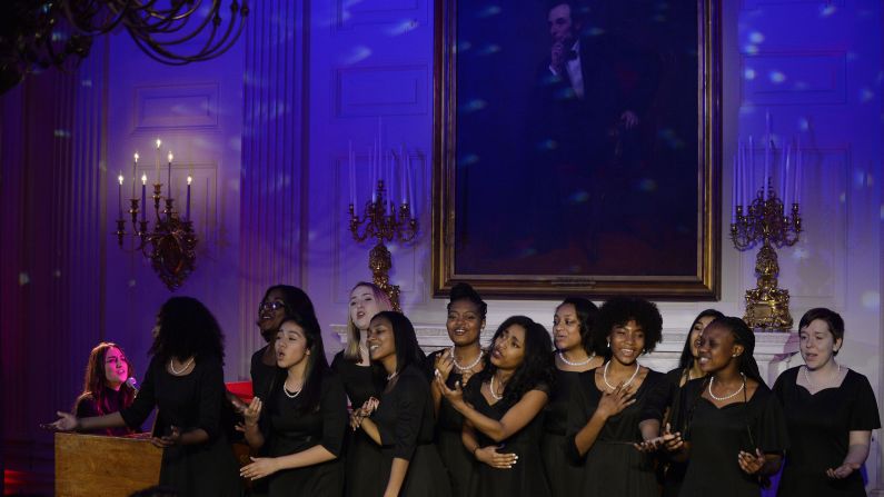 Singer-songwriter Sara Bareilles, left, performs during the state dinner at the White House on March 10.