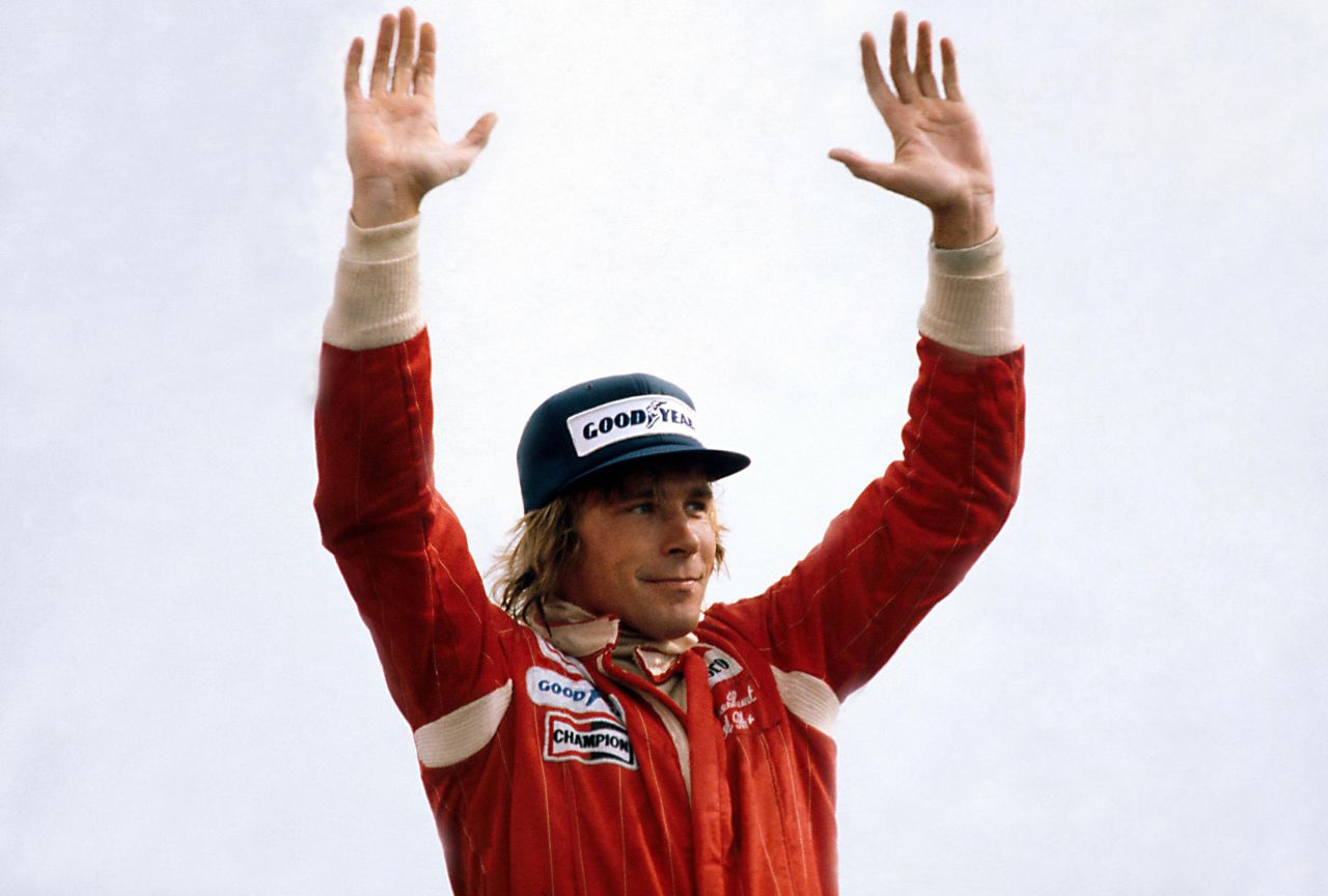 Hunt salutes his home fans at Silverstone after winning the 1976 British Grand Prix. His victory was short-lived though, as other teams, including Ferrari -- home to his arch rival Niki Lauda -- complained he had been allowed to use a spare car after the race was restarted. Hunt was disqualified, handing victory to runner-up Lauda.  