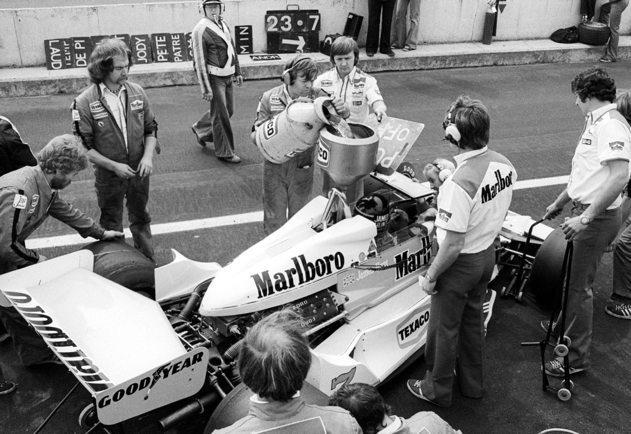 Fuel is added to Hunt's McLaren M26 in the pits during practice at the 1978 Belgian Grand Prix in Zolder.